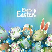 Easter composition of a light rainbow shade with magnificent eggs, flowers, grass and rabbit ears. vector