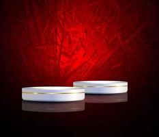 Round white podium with a gold border on a red textured background. vector