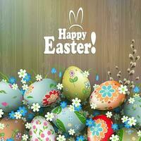 Pascua de Resurrección composición con un silueta de un junta, multicolor huevos con un diverso patrón, flores y sauce rama. vector