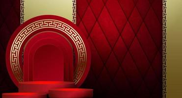 Dark red gradient background with a stage and round frames with a golden border. vector