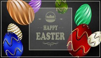 Black texture Easter composition with a square frame and a silhouette of eggs of various colors. vector