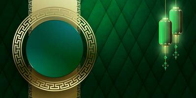 Dark green gradient background with round frames with golden color border. vector