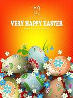 Orange composition with a set of wonderful Easter eggs with a pattern, grass and flowers. vector