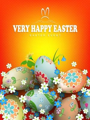 Orange composition with a set of wonderful Easter eggs with a pattern, grass and flowers.
