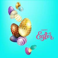 Light blue Easter composition with beautiful eggs of various colors. vector