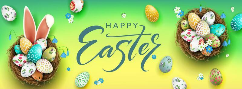 Easter composition with a gradient of green and yellow shades, eggs in a basket, bunny ears, snowdrops flowers.