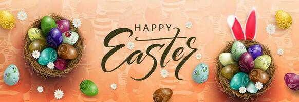Brown texture illustration with Easter eggs in the nest and rabbit ears. vector