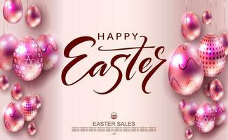 Pascua de Resurrección rosado composición, resumen huevos en colgantes con un hermosa modelo. vector
