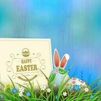 Easter composition in a light blue hue with a square frame, eggs and rabbit ears, spring flowers and grass. vector