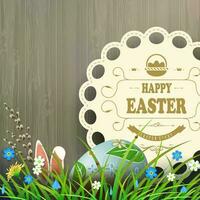 Easter composition with a round frame with sewn braid, egg and rabbit ears. vector