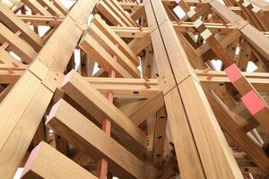 Construction details with teak wood, joints between elements. Wood joints detail with wooden dowel joints. photo
