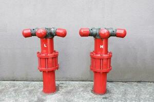 Two red fire hydrant installed on cement floor. photo