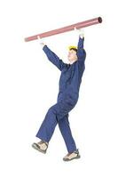 Plumber in uniform holding pvc pipe on white photo
