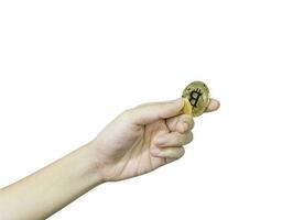 Hand holding some pieces of golden Bitcoin token with clipping path photo