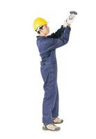 Young handyman in uniform hold grinder photo