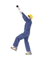 Plumber in uniform holding pvc pipe on white photo