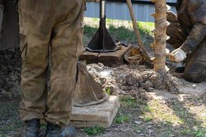 Team of workers with drilling rig on car are drilling artesian well for water in ground. Insertion of metal casing pipe into ground, installation of individual drinking supply, June 28, 2022, Russia, photo