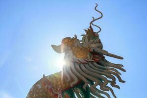 Stucco dragon is a Chinese sculpture and is a mythical creature that is popularly built in Chinese temples and shrines. It is a delicate art created by skilled craftsmen. photo