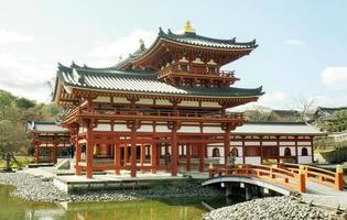 Uji, Kyoto Prefecture, Japan, 2018  Side view of Byodoin Japanese buddhist temple hall with tourists come to visit on bright blue sky with clouds and sunny day background. photo