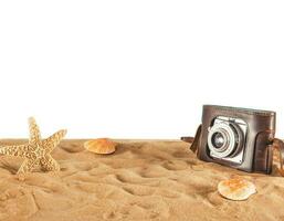 Background of beach with seashells, starfish and a retro photo camera