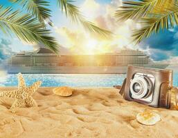 Beach with seashells, starfish, retro camera and a cruiseship photo