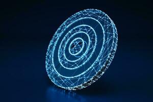 Concept of an illuminated wireframe digital bullseye on dark blue background. 3D Rendering photo