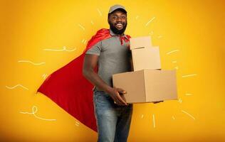 Courier acts like a powerful superhero. Concept of success and guarantee on shipment photo