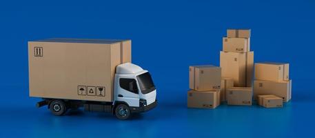 Big cardboard box package on a white truck ready to be delivered photo