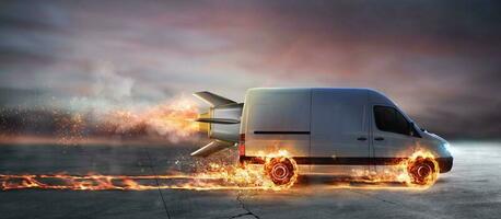 súper rápido entrega de paquete Servicio con camioneta con ruedas en fuego foto