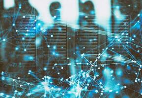 Concept of safety in a data center room with database server and network effects photo