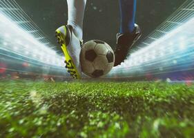 juego contraste Entre dos fútbol jugadores molesto a patada el pelota foto