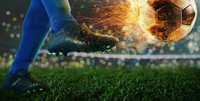Powerful kick of a soccer player with fiery ball photo