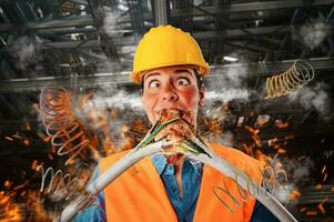 Astonished worker girl with hat breaks an electric cable photo