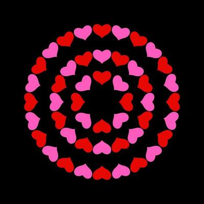 Pink and red hearts tree round mandala.