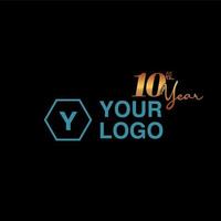 Golden 10th year typography icon with dummy company logo. vector