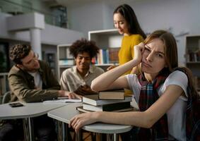 Tired university student has difficulty to study. Concept of stress, question and difficulty photo