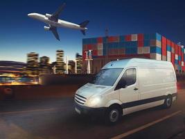 Fast van on road delivering at night with cargo and airplane in background. 3D Rendering photo