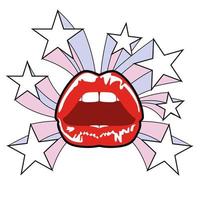beautiful illustration of sensual female red lips and stars isolated on white background with 80s style vector