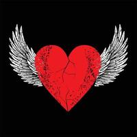 Vector design for t-shirt of a red heart with white wings isolated on black. Illustration of a broken heart flying.