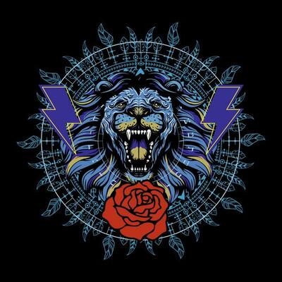 Lion head t-shirt design with symbols of thunderbolt