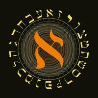 Vector illustration of the Hebrew alphabet in circular design. Hebrew letter called Aleph large and reddish orange.