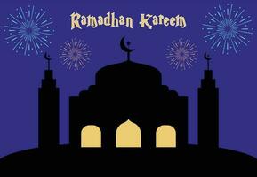 ramadan kareem month concept with mosque on hill and festive firecrackers at night. vectors, illustrations and backgrounds. vector