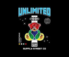 unlimited slogan with colorful bear teddy bear illustration in graffiti style on black background for streetwear and urban style t-shirt design, hoodies, etc vector