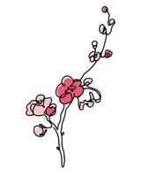 Spring sakura blooming branch one line art drawing with abstract pink color spots design. Outline vector illustration