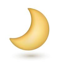 3d yellow crescent moon icon with plastic matte gloss. Cute cartoon style vector illustration on white background with shadow underneath.