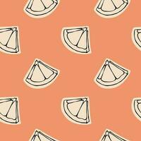 Hand drawn citrus fruit seamless pattern orange slices outline drawing on orange color background. Vector graphic fruit print design for menu, package, textile, wrapping paper.