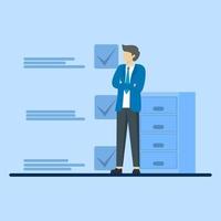 concept of completing a task or job,Businessman making the right choice, Checkbox, Correct answer, Businessman, Selection, flat vector illustration.