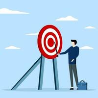 Specific aim concept, perfection or target target concept, aim or target clarification, focus or concentration on aim to win business mission, businessman pointing to bullseye archery target center. vector