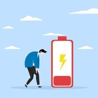 Low energy or motivation concept, stress or anxiety due to unhealthy work or depression and exhaustion, tired and exhausted from hard work, tired businessman looking down with low battery sign. vector