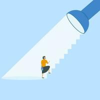 Concept of business consulting, HR recruiting, hands-on coaching, career navigation or guidelines for success concept. Businesswoman walking on stairs towards beam from flashlight, flat vector design.